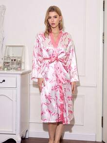 SweetSlumber Casual Young V Neck Satin Robe For Women Baby Pink Random Bow Print Belted Three Quarter Drop Shoulder Sleeve Midi Length Sleepwear - Baby Pink - View 5