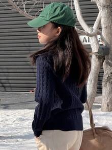 DAZY 少女条纹高领长袖休闲毛衣，秋冬季 - 藏蓝色 - 查看 2