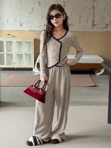 DAZY 少女撞色滚边双排扣上衣和阔腿裤套装