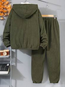 SHEIN 2件套青少年男童军绿色灯芯绒保暖连帽外套和裤子套装，适合秋冬季户外活动 - 軍綠色 - 查看 2