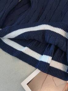 GlowEve CURVE Casual Minimalist Embroidered Colorblock Polo Collar Long Sleeve Plus Size Knit Pullover Sweater, Autumn/Winter - Royal Blue - View 6