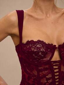 SHEIN BAE 女士优雅蕾丝连体衣，精致蕾丝连体衣 - 酒紅色 - 查看 7