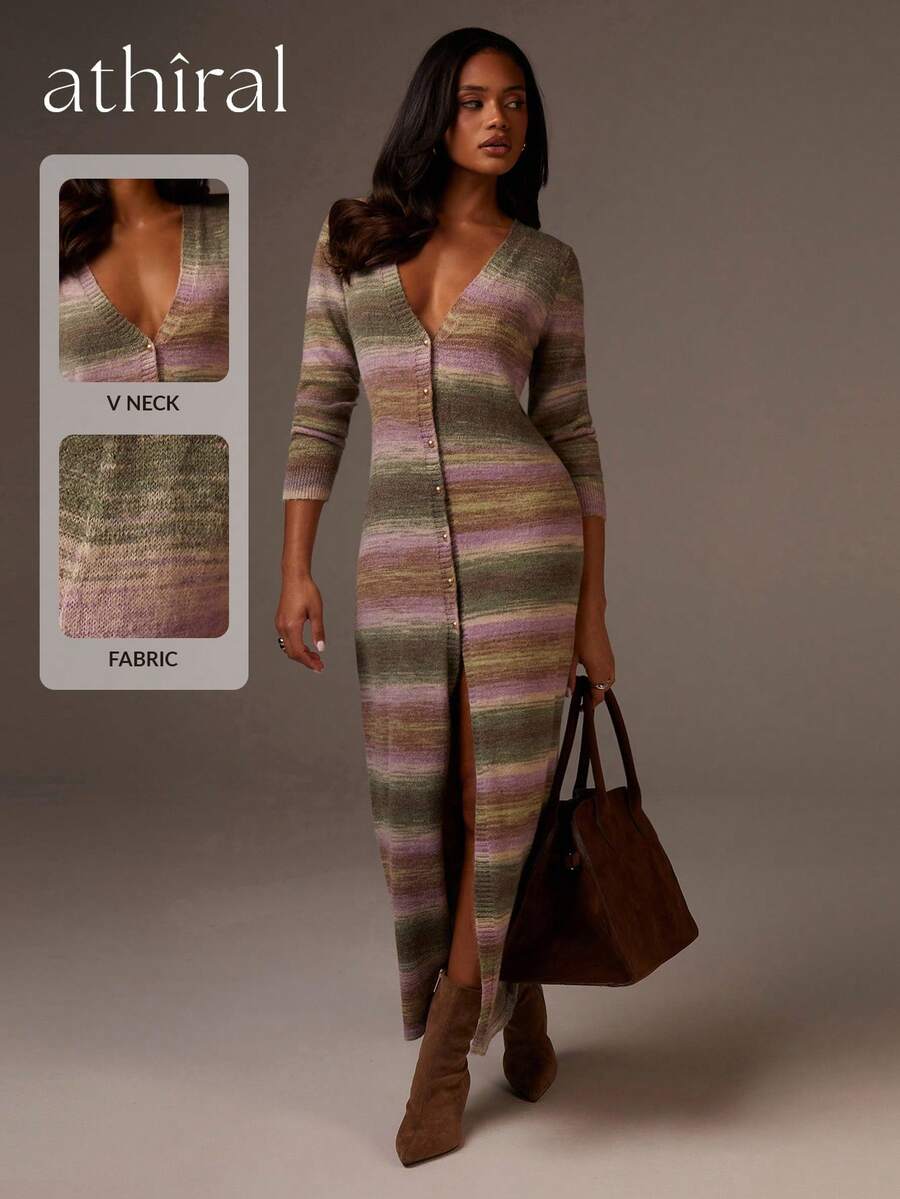 Athîral Áo khoác cardigan dài cài nút phía trước họa tiết sọc tương phản thời trang đi làm cho nữ - Nhiều màu - Xem 1