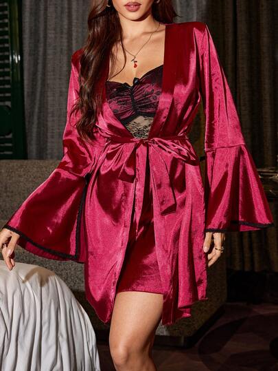 SilkySpell Mature Elegante Verleidelijke Kanten Satijnen Slip Dress Robe Sleepwear Set
