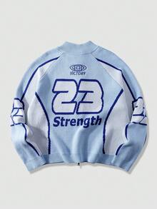 ROMWE MEN Prep Jersey de punto jacquard para hombre, corte holgado, manga larga - Celeste - Ver 2