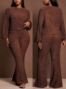 Veslaya 大码女式冬季棕色纹理圆领灯笼袖上衣，搭配喇叭裤两件套，适合圣诞节/新年/感恩节/优雅女装/社交场合/通勤/日常出行/商务穿着 - 棕色 - 查看 1