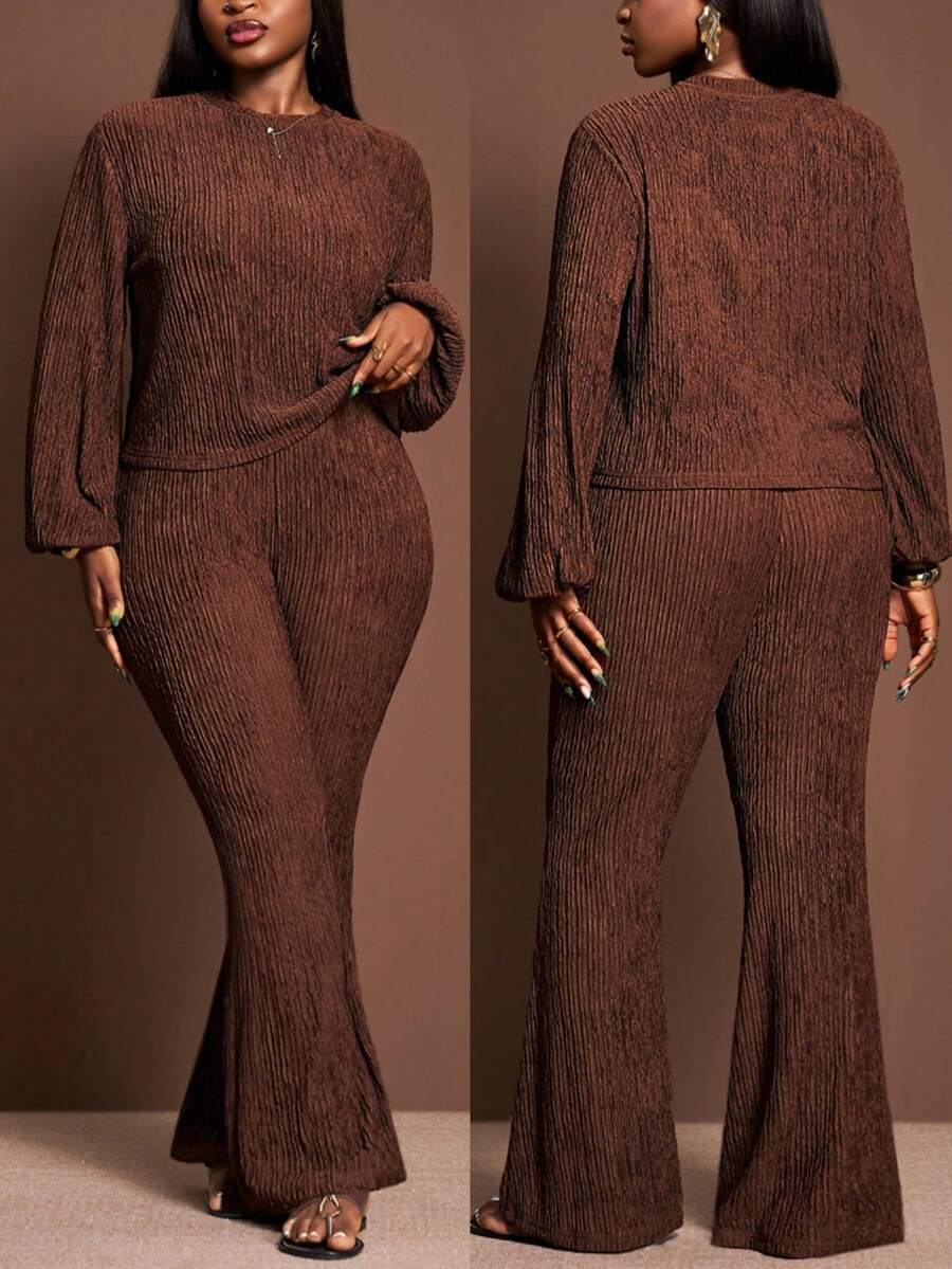 Veslaya 大码女式冬季棕色纹理圆领灯笼袖上衣，搭配喇叭裤两件套，适合圣诞节/新年/感恩节/优雅女装/社交场合/通勤/日常出行/商务穿着 - 棕色 - 查看 1