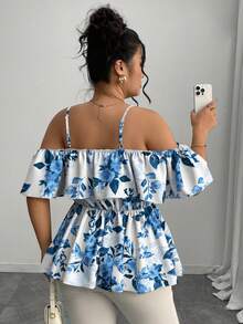 Elenzga Plus Size Elegant Off Shoulder Ruffle Trim A-Line Blouse, Spring/Summer - Blue - View 2