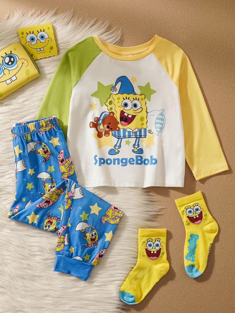 SpongeBob SquarePants | SHEIN Young Boy Cartoon Pattern Cute Colorblock Long Sleeve T-Shirt And Star Print Blue Comfortable Pants Pajama Set - Blue - View 1