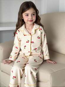 4-Piece Girls Cherry Print Striped Cardigan & Pants Casual Loungewear Set, Apricot & Light Yellow, Suitable For All Seasons