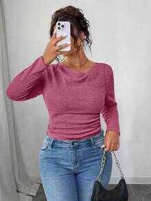 Elenzga RosyDaze Women Plus Size Vintage Asymmetric Draped Neck Textured Ruffle Trim Fitted Long Sleeve Top