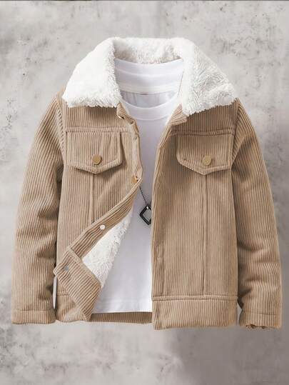 SHEIN Vacaura Tween Boy Casual Retro Corduroy Collar Fleece Jacket, Suitable For Autumn/Winter School Outings Fall