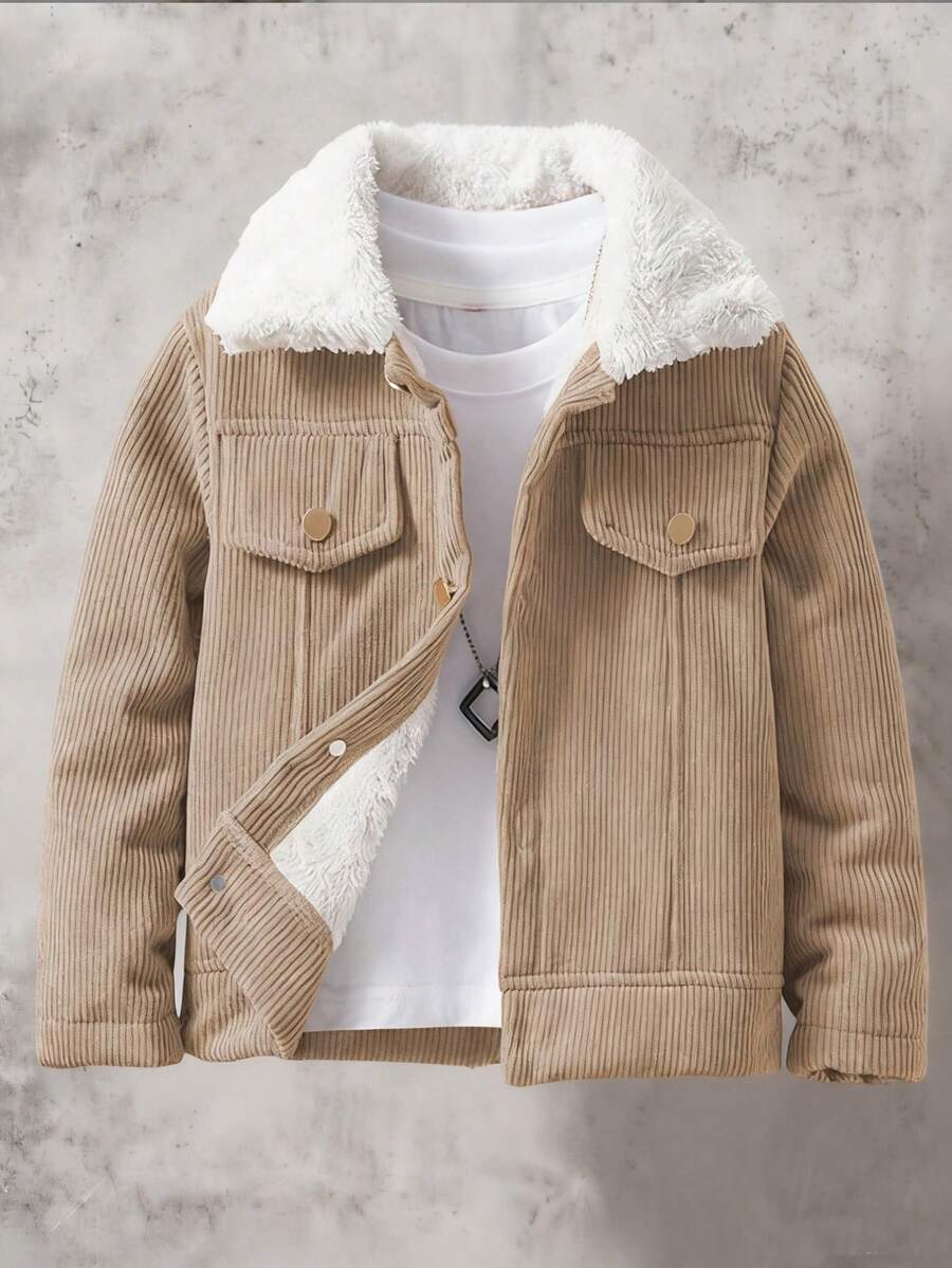 SHEIN Vacaura 青少年男孩休闲复古灯芯绒领羊毛夹克，适合秋冬季学校郊游