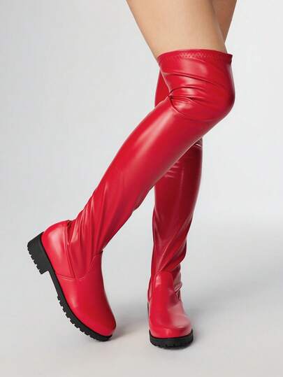 Goth Botas elásticas plisadas de tacón bajo y punta cuadrada para mujer, con parte superior de cuero, botas altas de moda para exteriores con diseño deslizante, nuevas llegadas para otoño/invierno