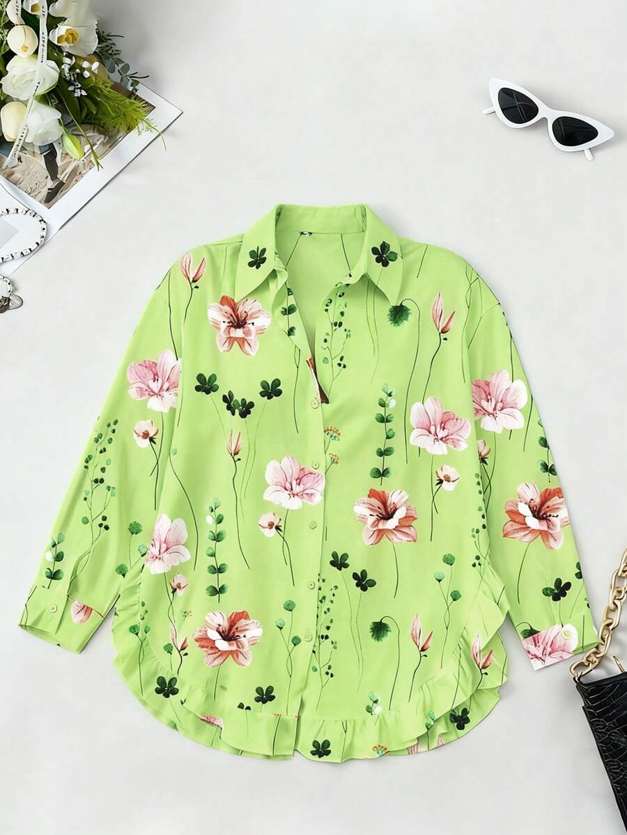 Maweii 大码女式花卉印花长袖荷叶边拼接宽松衬衫