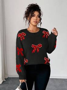 Elenzga 大码女式优雅长袖宽松串珠蝴蝶结针织毛衣，适合外出、度假和夜店穿着，秋冬季 - 黑色 - 查看 5