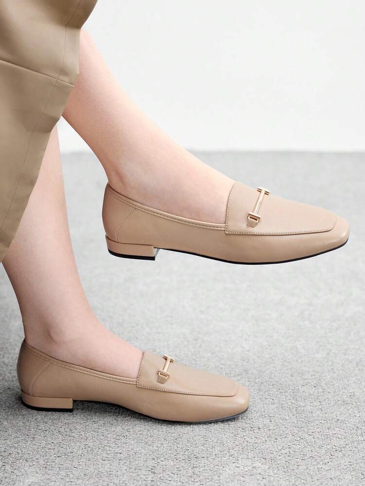 CUCCOO BIZCHIC Women's Square Toe Flat Low Heel New Apricot Metal Buckle Slip-On Loafers, Comfortable Versatile Casual Flats For Commuting For Christmas