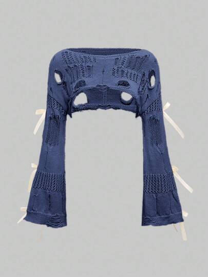 Kawaii Suéter de mujer con hombros descubiertos y lazo grande y suave