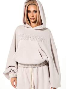 SUMWON WOMEN Áo hoodie dáng lửng cỡ lớn có họa tiết thêu chữ và túi giữa cho phong cách dạo phố thoải mái mùa đông thu - Xám - Xem 1