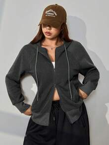 SHEIN EZwear 大码女式纯色休闲连帽拉链长袖修身卫衣，秋冬季女式连帽上衣卫衣灰色外套拉链卫衣 - 深灰色 - 查看 11