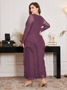 Modelyn Plus Size Dark Purple,Autumn,Elegant,Formal Dress,Mesh Scoop Neck Ruffle Hem Bodycon Plum Rouche Long Sleeve Curve Dress For Women - Hot Pink - View 2