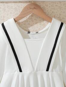 Souflis Souflis Vintage French Style Girls Dress, Comfortable Knit Elastic Fabric, Cute Peter Pan Collar, Black & White Striped, Bow Decor, Suitable For Spring, Summer, Autumn, Parties, Photoshoots, School, Outings - White - View 5