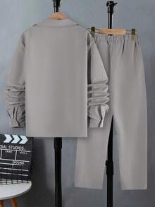 2pcs Teenage Spring Sports Casual Gentleman Single-Breasted Gray Long Sleeve Shirt And Elastic Waist Slant Pocket Casual Long Pants, 2 Pieces Set, Vacaura Boy Outfit Chic Outfits For Autumn/Winter Fall