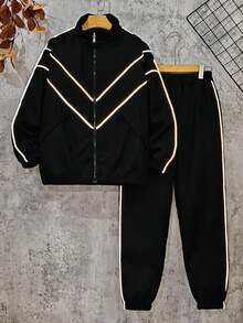 Vacaura 2pcs Teen Boys Sports Casual White Stripe Black Jacket And Drawstring Pants, Suitable For Autumn/Winter Outdoor Activities Fall - Black - View 3