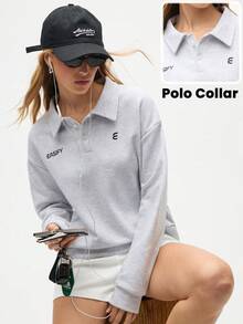 SHEIN Sports 女式短款 Polo 衫，带标志，休闲超大码运动衫，适合休闲、运动和日常穿着 - 淺灰色 - 查看 1