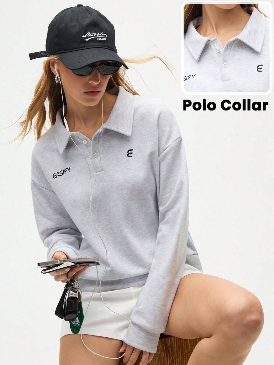 SHEIN Sports 女式短款 Polo 衫，带标志，休闲超大码运动衫，适合休闲、运动和日常穿着 - 淺灰色 - 查看 1