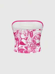 ROMWE Anime 性感朋克风动漫印花露脐背心（女款） - 粉色 - 查看 2