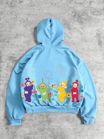 Teletubbies X ROMWE Men's Casual Cartoon Graphic Zip-Up Hooded Sweatshirt, Warm For Daily Commute, Autumn/Winter