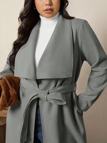 SHEIN LUNE Damen Große Größen Lässig & Business Minimalistische Lange Ärmel Woll Mäntel - Grau - Übersicht 8