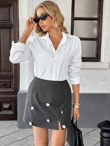 Pariaura Women's Dark Gray Rhinestone Decor Mini Skirt, 3D Cut A-Line High Waist Flattering Hem, Versatile & Elegant - Dark Grey - View 3