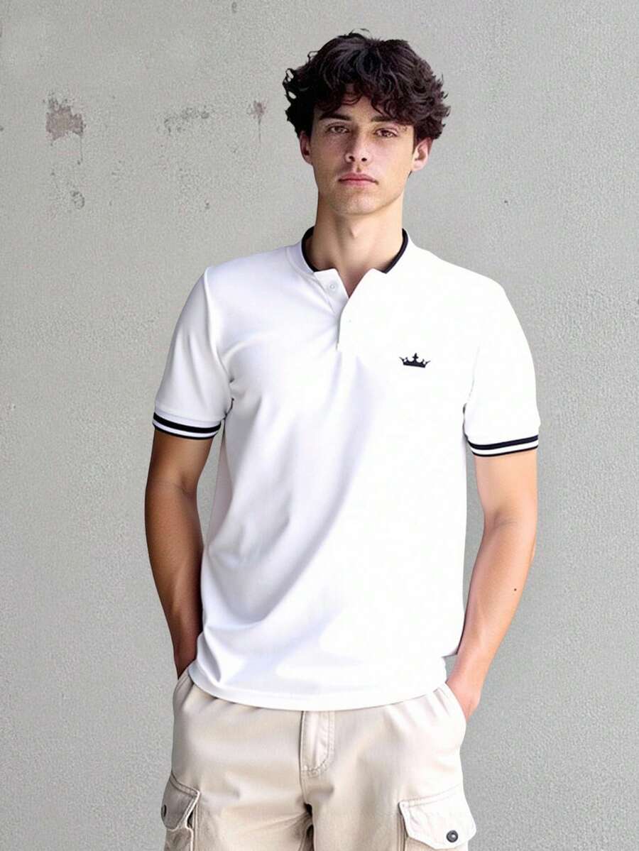 SHEIN Vacaura Teen Boy Casual Stand-Up Collar Knitted Polo Shirt - White - View 1