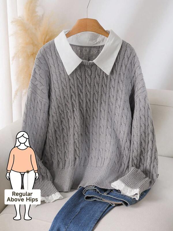 CosyJoli Plus Size Women Gray Twist Knit Sweater Collared Sweater Women Sweater Gray Sweater Cable Knit Sweater Sweater With Collar Cute Sweater In Fall/Winter