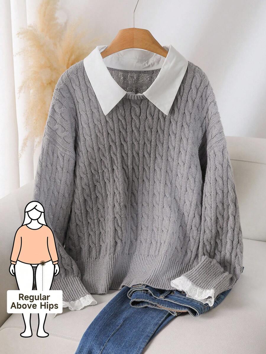 CosyJoli Plus Size Women Gray Twist Knit Sweater Collared Sweater Women Sweater Gray Sweater Cable Knit Sweater Sweater With Collar Cute Sweater In Fall/Winter