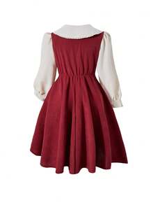 SHEIN 女童秋季灯芯绒撞色红杏色可拆卸珍珠流苏背带裙，优雅花卉领学院风休闲连衣裙 - 彩色 - 查看 2