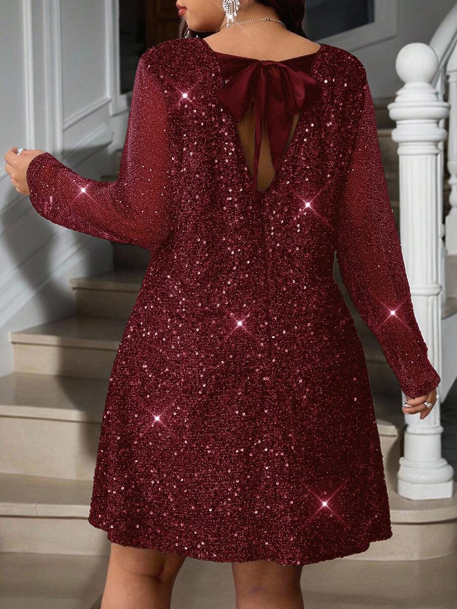 Reflora Đầm thời trang thanh lịch cổ tròn tay dài hở lưng màu trơn cỡ lớn cho nữ - Màu Đỏ Sâu - Xem 1