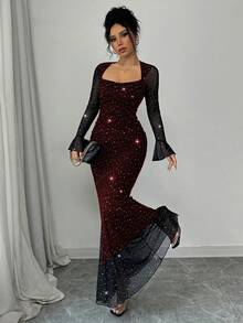 Rafferiza Elegantes Partykleid mit asymmetrischem Ausschnitt, plissierter Vorder- und Seitenpartie, Meerjungfrauensaum, Trompetenärmel für Frauen in Schwarz, Herbst/Winter, Jacquard-Strick-Mesh-Gewebe mit Silberfolie Maxikleid - Bordeaux - Übersicht 7