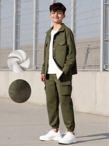 Vacaura 1 Set Teen Boys' Thermal Lined Green Casual Hoodie & Pants 2 Pieces Outfit - Dark Green - View 9