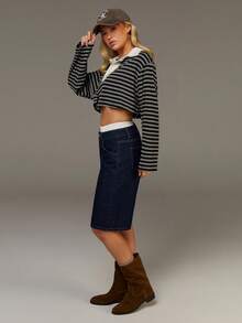 Athîral 女士休闲条纹 Polo 领落肩长袖短款 T 恤 - 彩色 - 查看 2