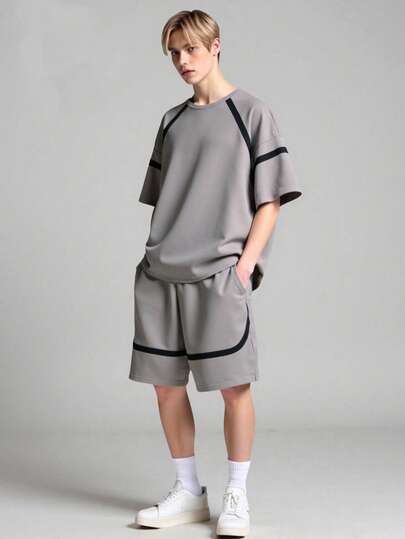 SHEIN Vacaura Boy Summer Outfit 2pcs/Set Teenager Spring/Summer/Autumn Grey Raglan Stripe Short Sleeve T-Shirt With Pocket Shorts Casual Sports Fashion Outfit Summer Holiday
