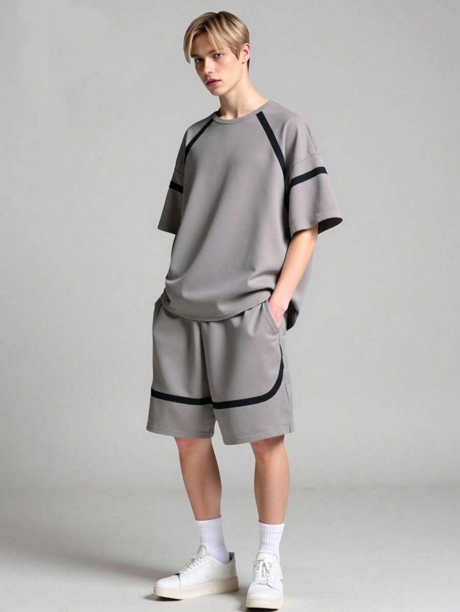 SHEIN 2 件套青少年春夏秋季灰色插肩条纹短袖 T 恤带口袋短裤休闲运动时尚服装,Vacaura Boy - 灰色 - 查看 1