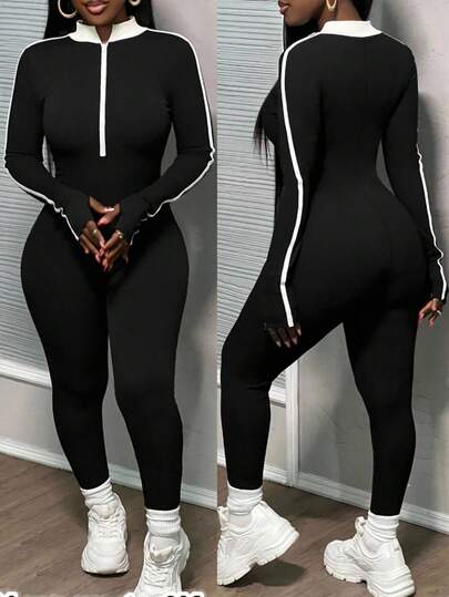 Slaydiva Plus Size Women's Contrast Color Long Sleeve Zipper Half Placket Casual Jumpsuit Bodycon Jumpsuit Long Sleeve Jumpsuits For Woman Sexy Jumpsuit For Women Jogging Suits For Women Women 2 Piece Sets/Winter