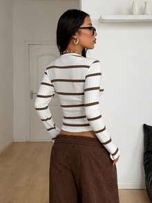 Coolane Women's Fall/Winter  Grunge Daily Wear Going Out Grey And Black Striped Knit V-Neck Long Sleeve T-Shirt - Multicolor - View 2