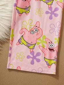 SpongeBob SquarePants | SHEIN Tween Girl Cartoon Pattern Cute & Comfortable Long Sleeve T-Shirt And Pants Pajama Set - Pink - View 8