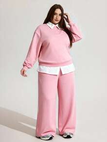 Enliva Plus Size Women's Loose Casual 2 Pieces Set, Sweatshirt And Sweatpants, Pullover Sweatshirt And Trousers, Casual Matching Outfit Fall Clothes For Women, Winter, CURVE PLUS, For Apple Rounded Body Shape/Valentine's Day - Pink - View 6