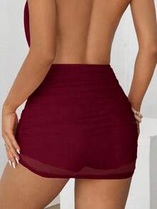 SHEIN EZwear 女士黑色简约垂褶领口下摆迷你连衣裙 - 酒紅色 - 查看 7