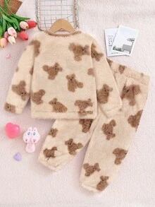 SHEIN 2pcs/Set Young Girls Cute Cartoon Pattern Fluffy Long Sleeve Top And Elastic Waist Pants Suit,Autumn Fairy Night Loungewear Set,Christmas Gift,Winter - Multicolor - View 2